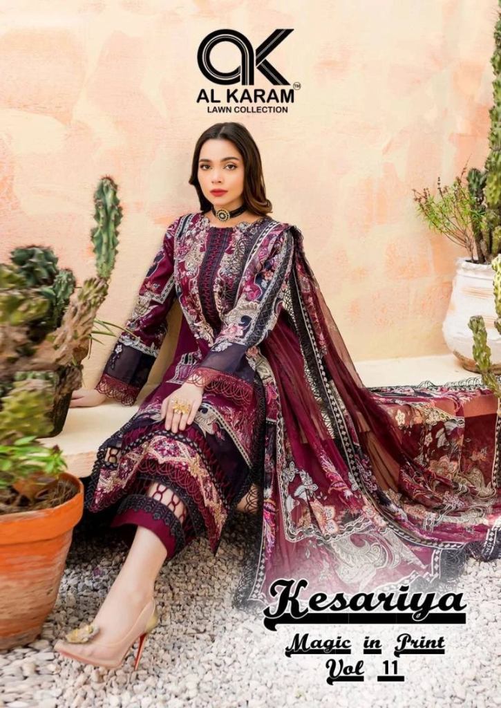 Al Karam Kesariya Vol 11 Beautiful Attractive Pakistani style Cambric Cotton Dress Material