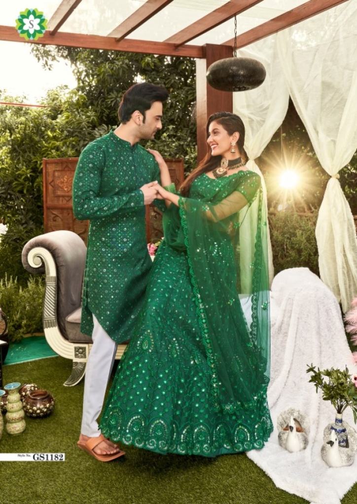 Green Colors Soft Net Sequins Embroidered Couple  Lehenga choli & kurta collection 