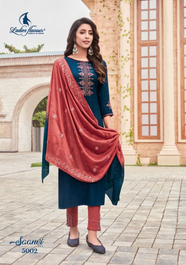 Ladies Flavour Saanvi Vol 5 Pure Rayon  Embroidery Kurti  Pant And Dupatta For Festival Wear Collection