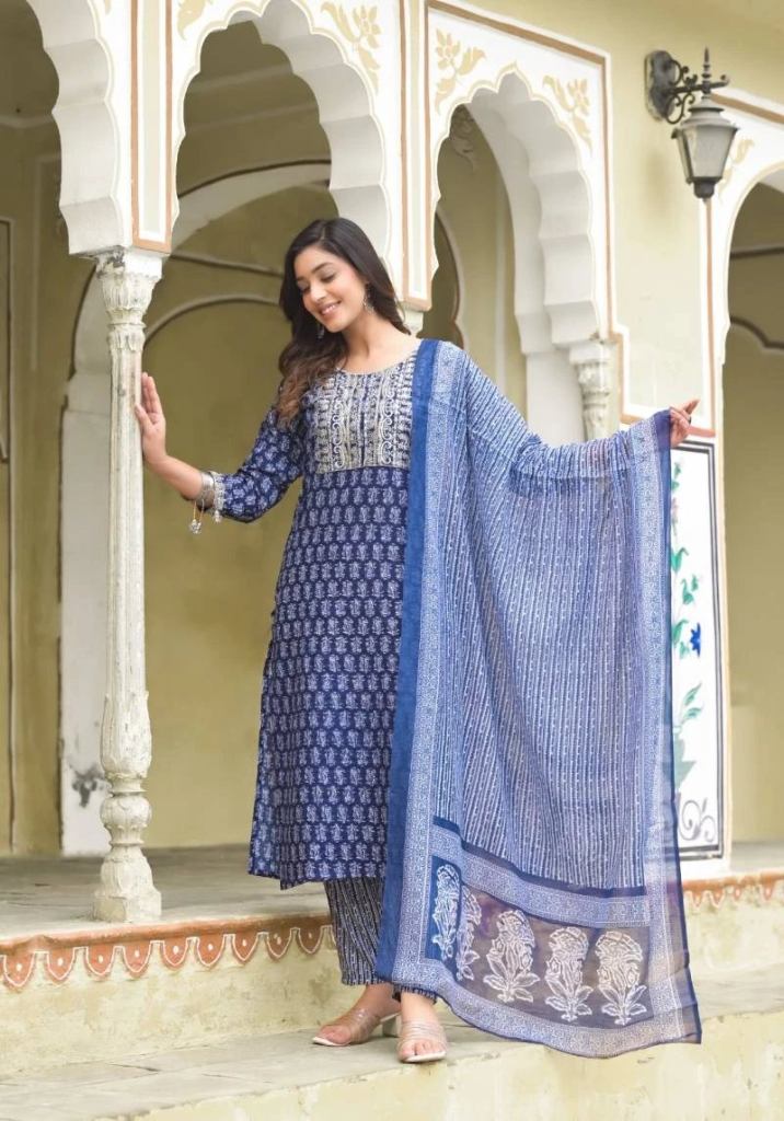 New Blue Dhruvi 124 Rayon Printed Embroidery Salwar Suit 