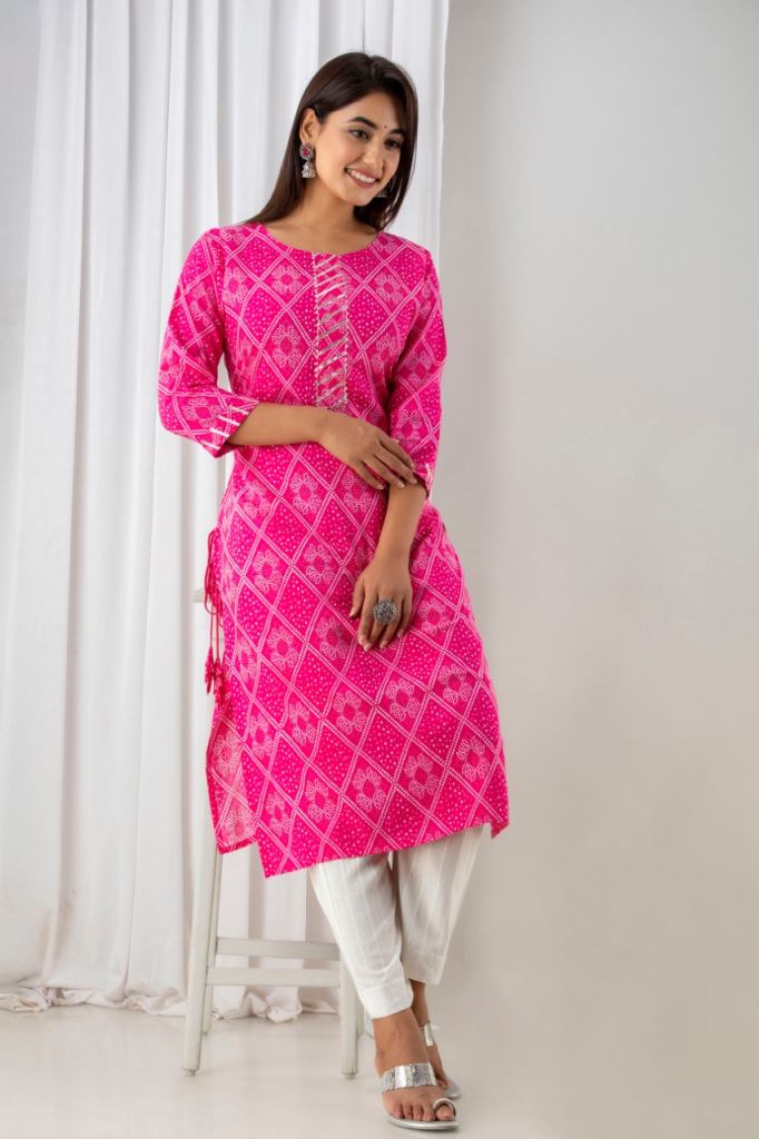 Pink Cotton Printed designer size set Kurti 