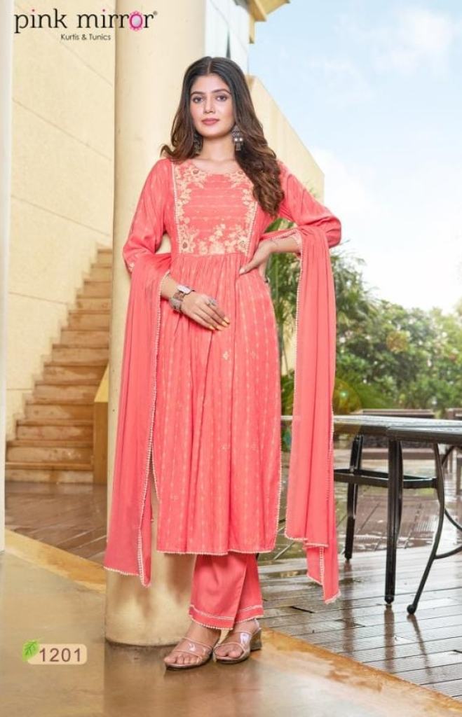 Pink Mirror Artistic Party Wear Nayra Cut Top Bottom With Dupatta 