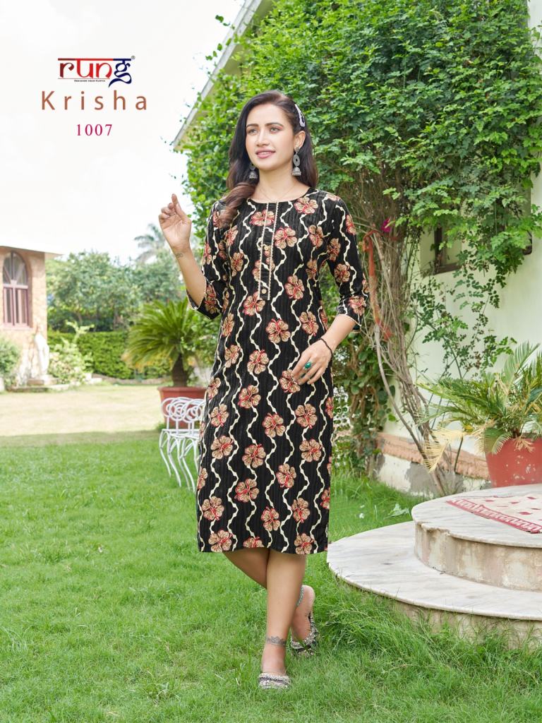 Rung Krisha Regular Wear Fancy Rayon Printed Kurti Collection
