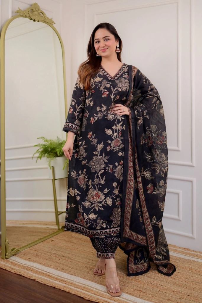 Saanvi 7016 Afgani Black Cotton Floral Printed Casual Wear Salwar Suit 