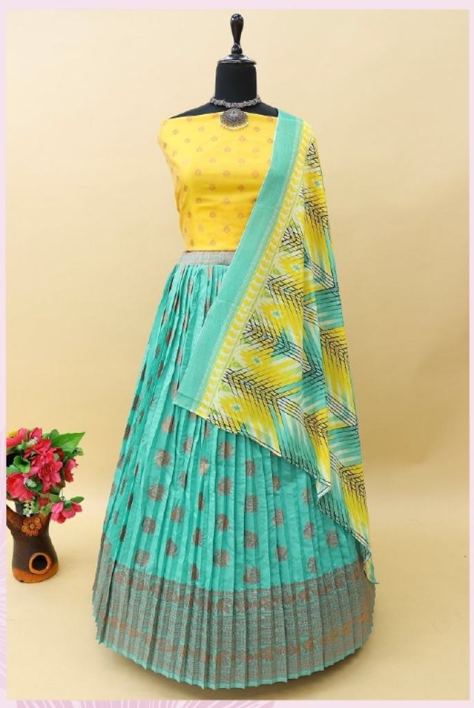 Sea Green Banarasi Jacquard silk half Saree Lehenga collection 