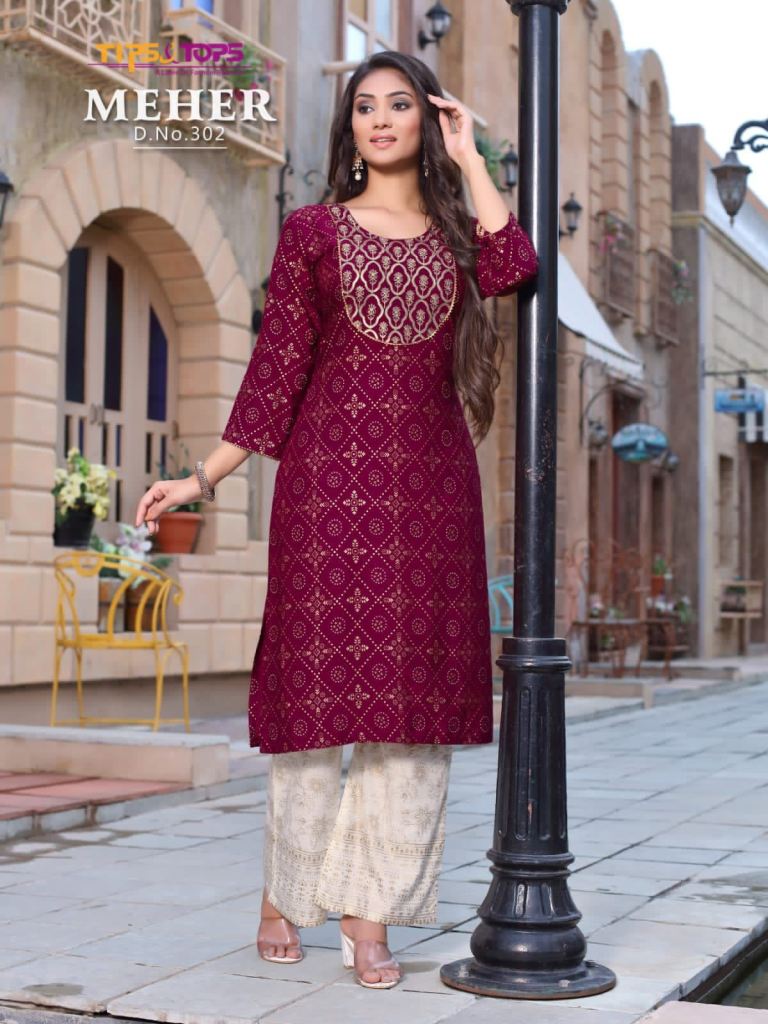 Tips And Tops Meher Vol 3 Fancy Rayon Kurti With Plazzo For Casual Wear collection 
