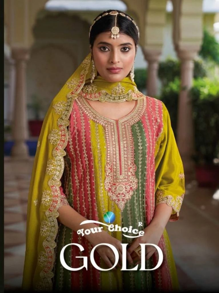 Your Choice Gold Heavy Chinnon Designer Salwar Suits