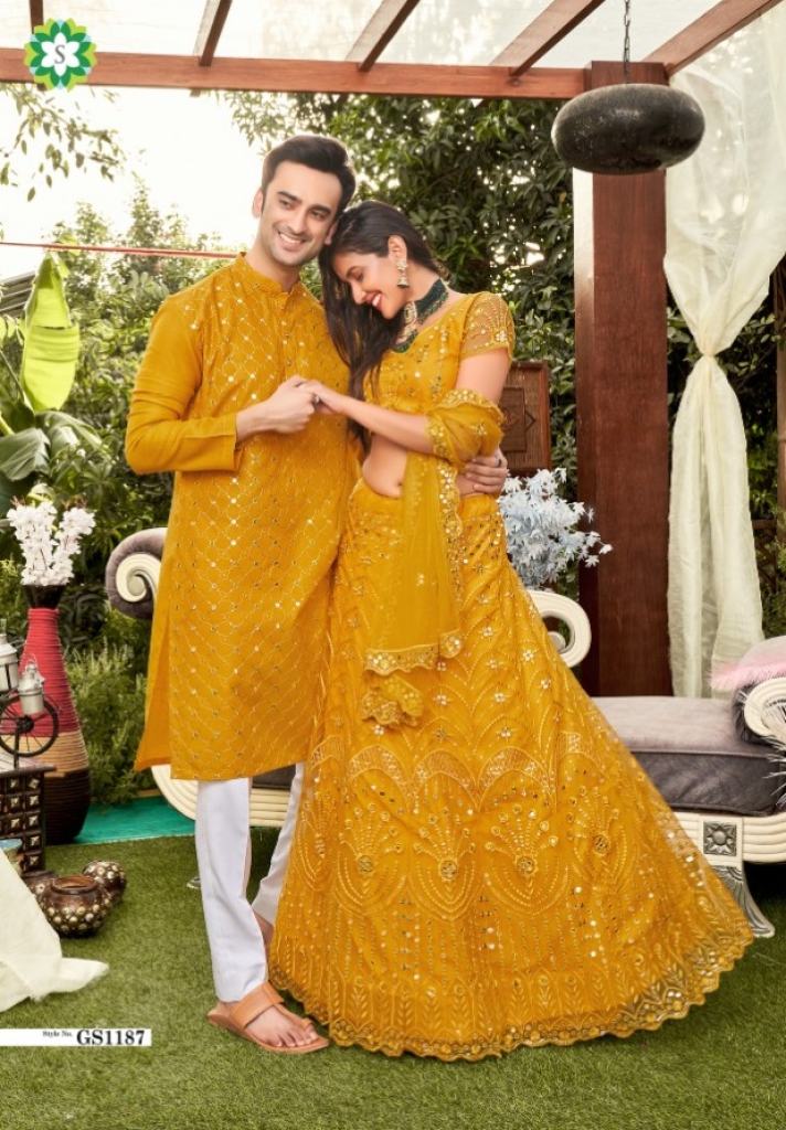 yellow Designer Wedding Wear Couple Combo lehenga choli With kurta collection