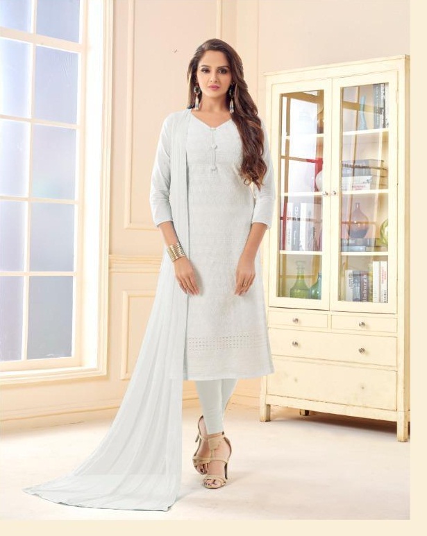 AVC White cotton dress materials set