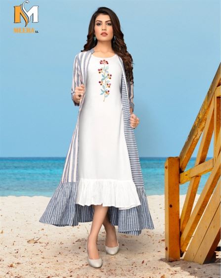  Meerali silk mills present chunari vol 1 designer long kurtis with shrug collection. 