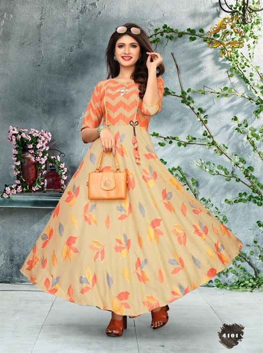 Rijiya trends present shiny festival wear round printed kurtis collection. 