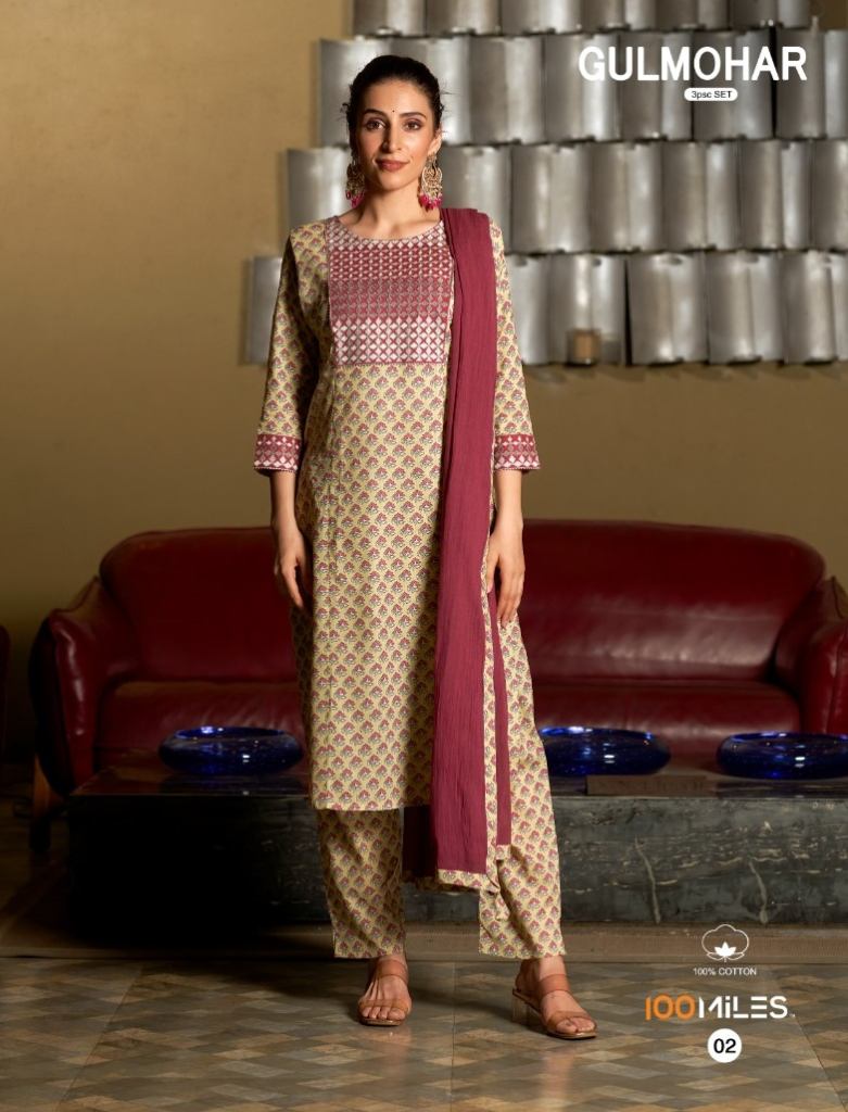 100 Miles Gulmohar Exclusive Wear Kurti Pant With Dupatta