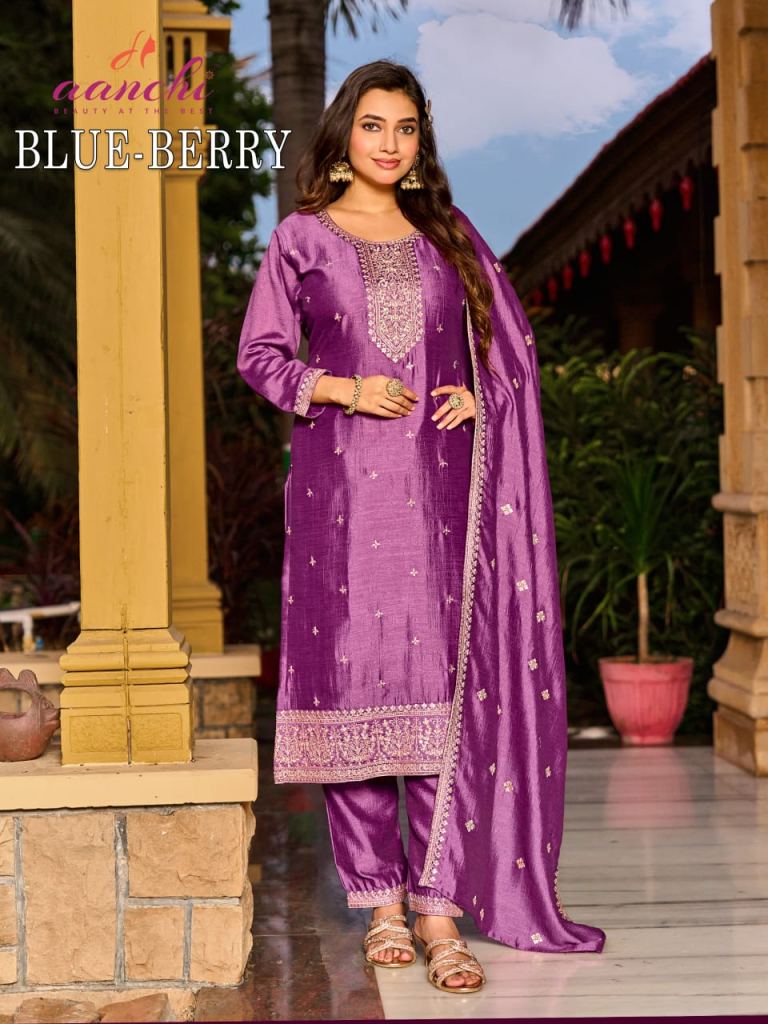 Aanchi Blue Berry Embroidered Kurti With Bottom Dupatta