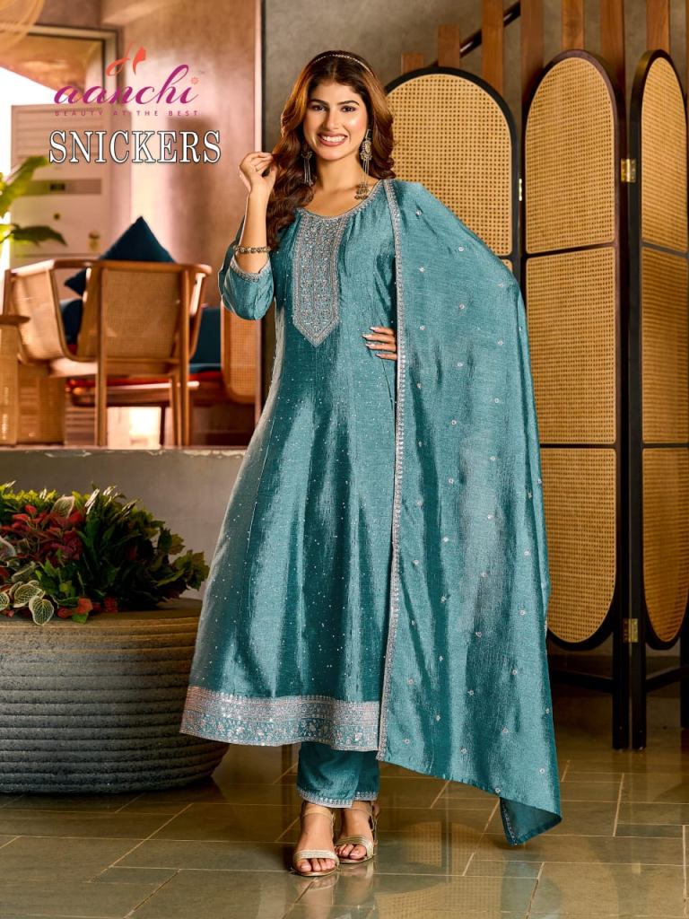 Aanchi Snickers Embroidery Worked Kurti With Bottom And Dupatta