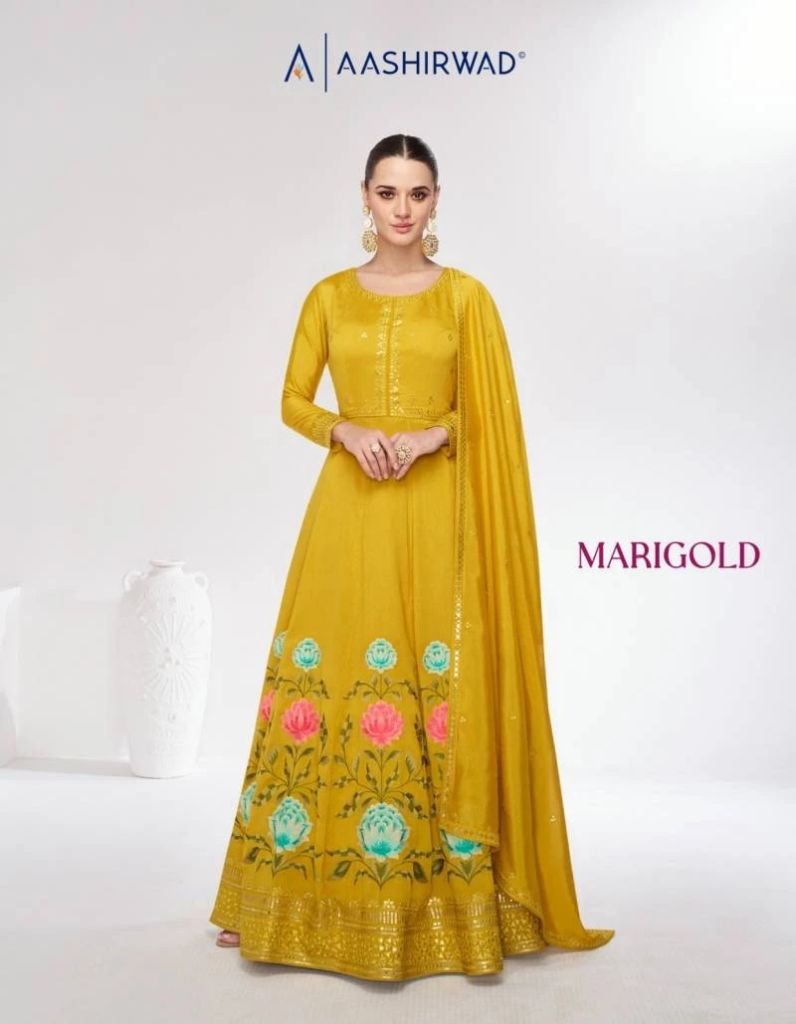 Aashirwad Mari Gold  Premium Silk Embroidery Gown Collection 