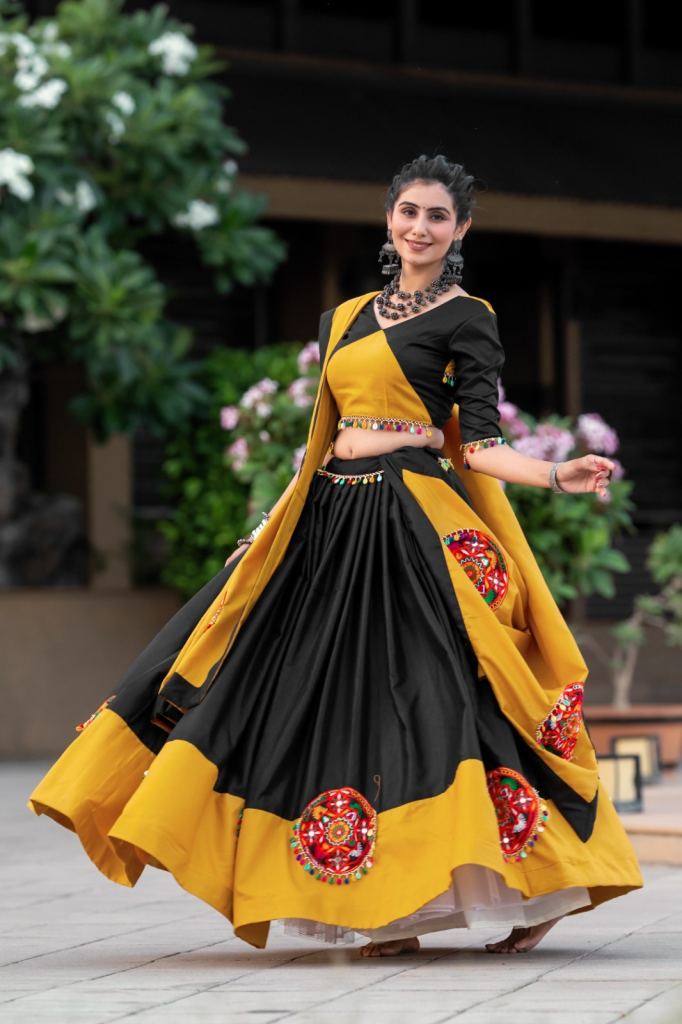 Aawiya 7066 Yellow Fancy Cotton Lehenga