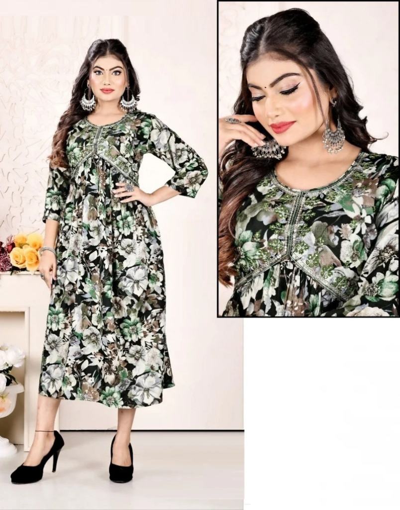 Alia Series 1124 Z Rayon Foil Printed Alia Cut Kurtis