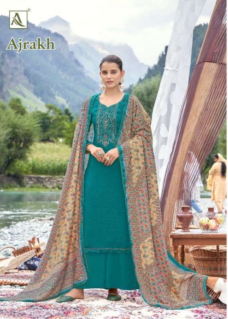 Alok  Ajrak Pure Wool Pashmina Self Print With Work Dress Material Catalog 