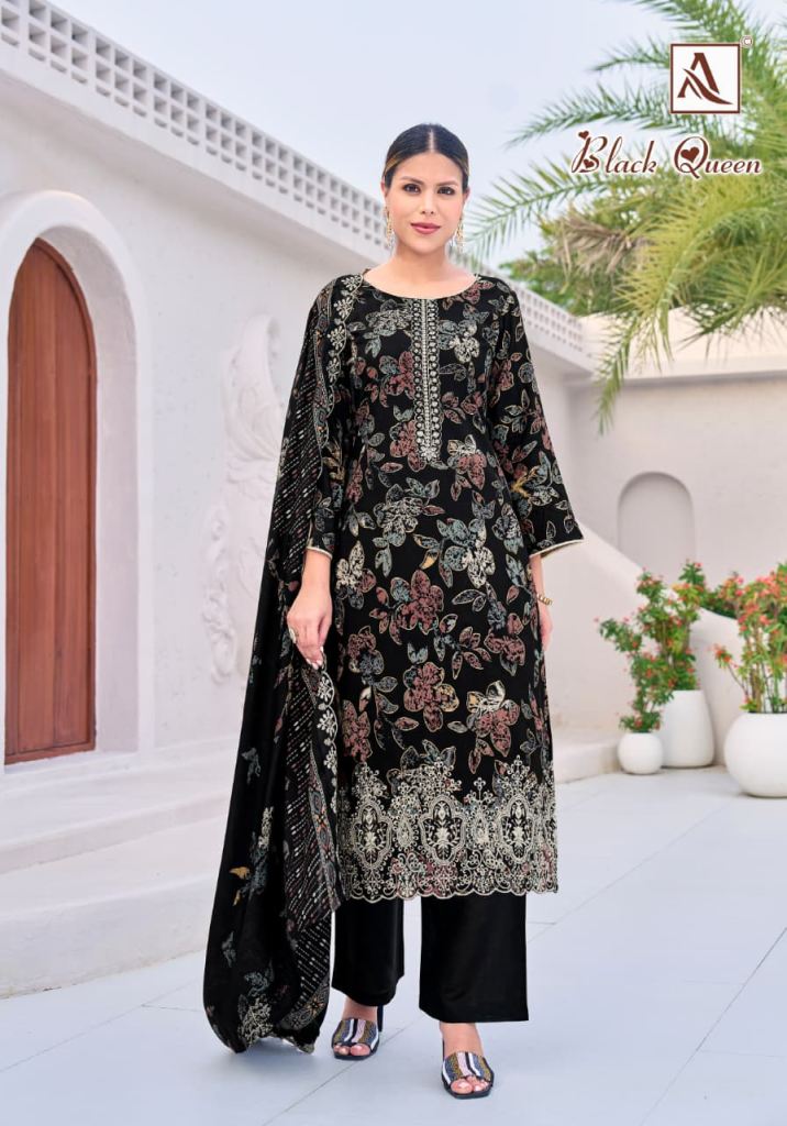 Alok Black Queen Printed Embroidery Dress Material