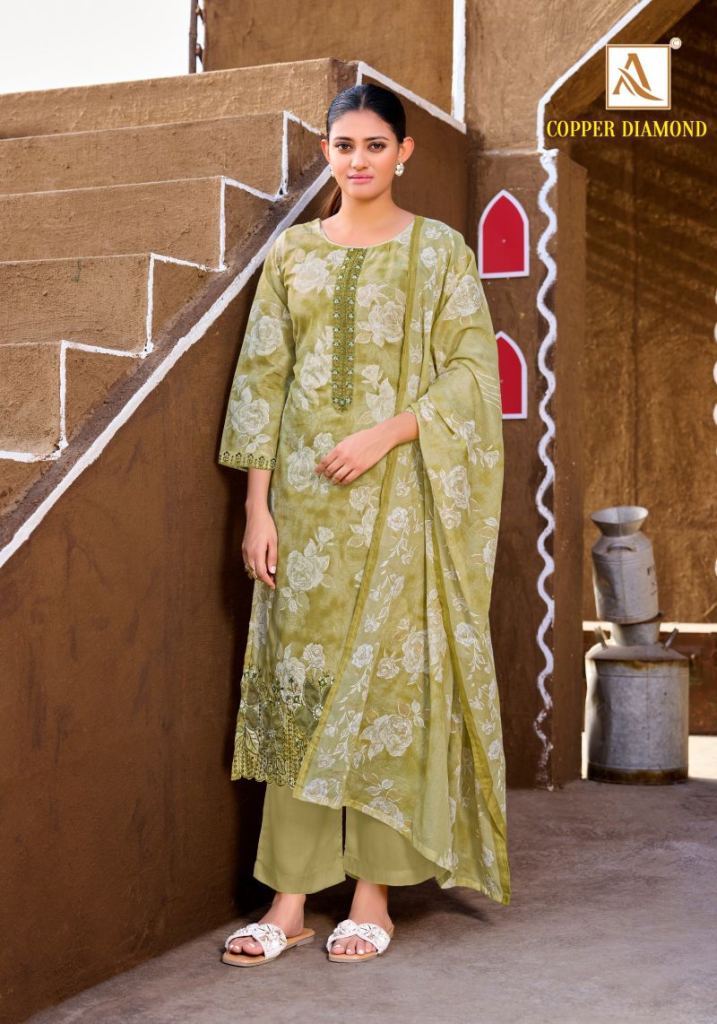Alok Copper Diamond Foil Printed Dress Material