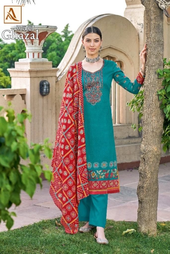 Alok Ghazal Catalog Party Wear Pure Jam Cotton Embroidery Dress Materials 