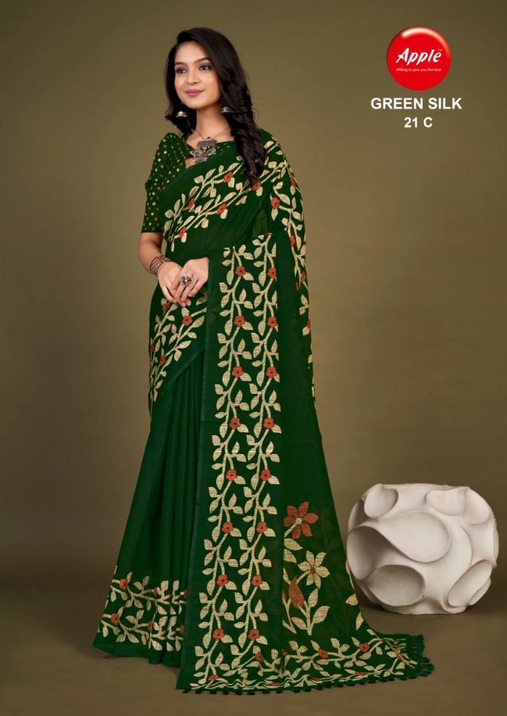 Apple Green Silk 21 Cotton Slub Printed Designer Saree