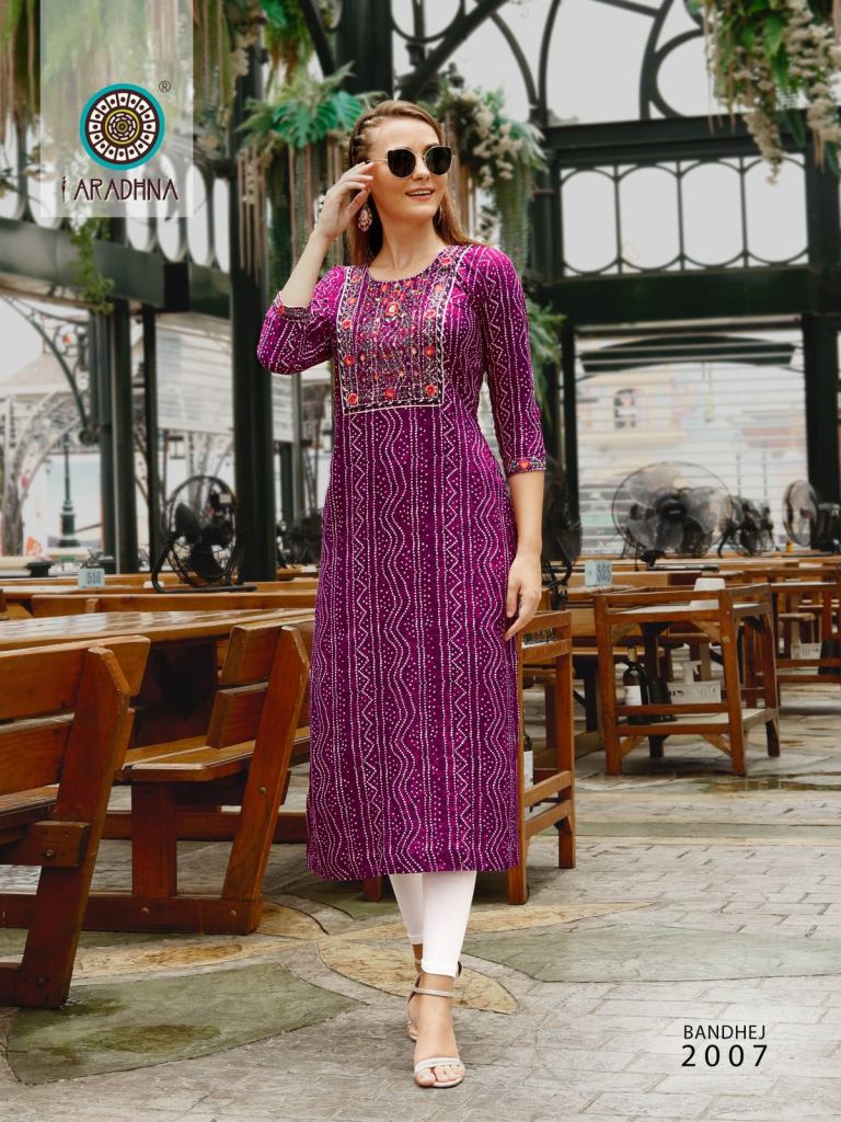 Bandhej Vol 10 Rayon Print With Embroidery Work Bandhani Kurti Wine Color  DN 02