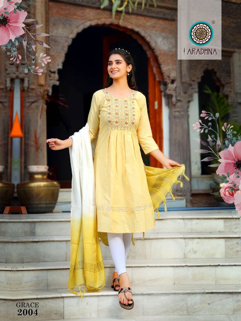  Aradhna Grace  vol 2 Nayra Cut Cotton Embroidered  Kurti With Dupatta