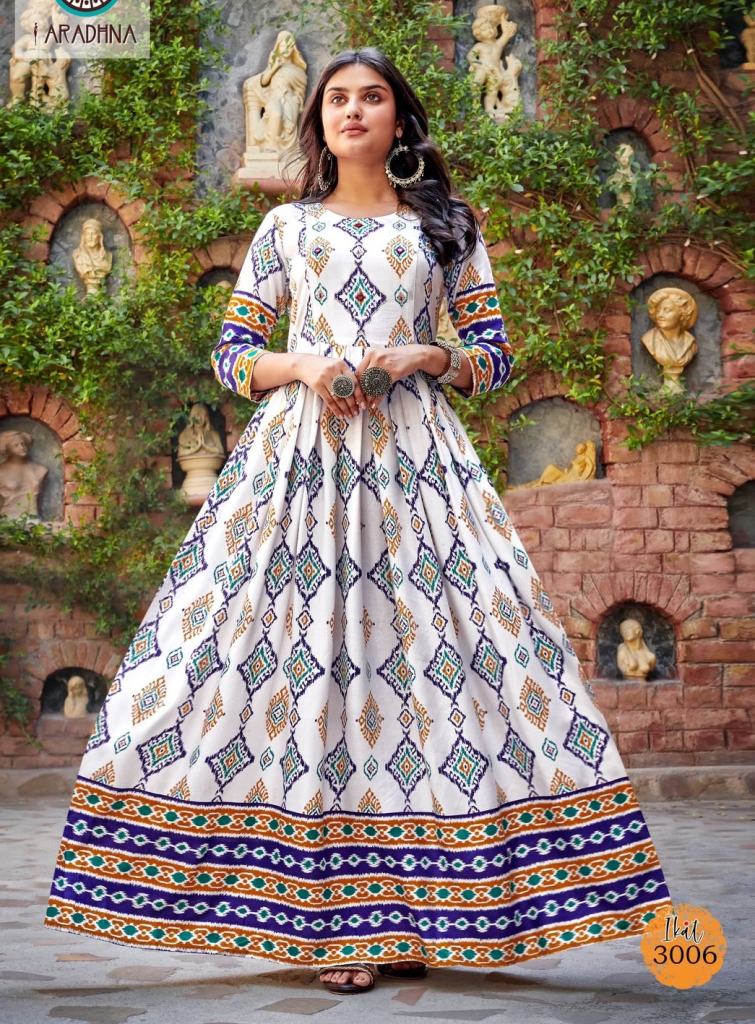 Aradhna Ikat Vol 3 Festive Wear Rayon Long Anarkali Kurti Collection