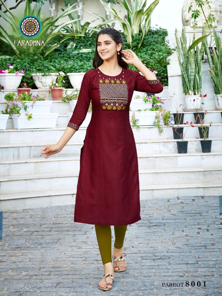 Aradhna Parrot Vol 8 Catalog Regular Wear Rayon Embroidery Kurtis 