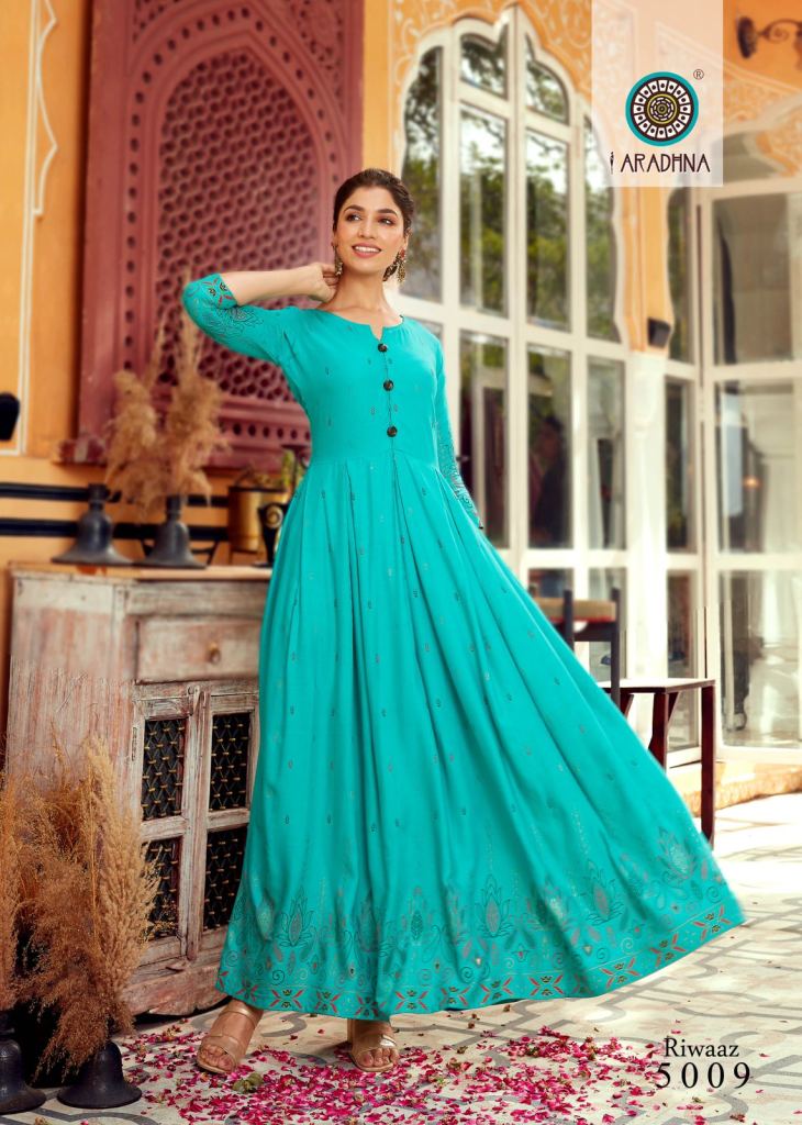 Aradhna Riwaaz  vol 5  Rayon 14 Kg With Fancy Work Long Anarkali Kurti Collection