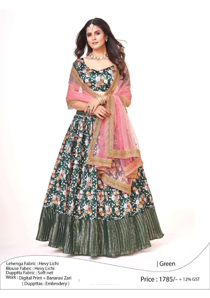 Attractive Green Colors  Floral printed  Fancy  Designer  lehenga collection