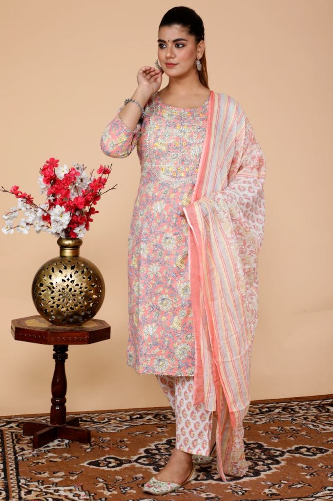 Baby Pink cotton printed Mirror work designer Ready Made  kurtis 