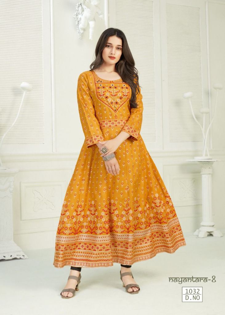 Banwery Nayanthara Vol 8 Rayon With Gold Print Anarkali Long Kurti 