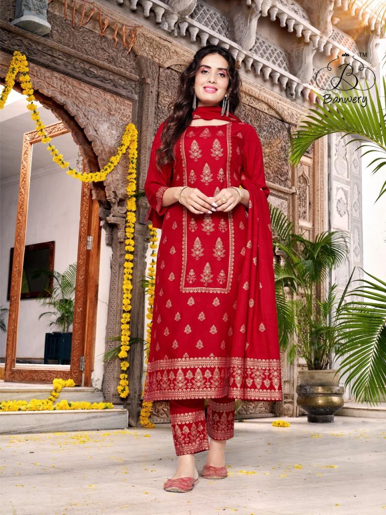  Banwery Parishi Nx Rayon Foil Print Festive Wear Ready Made Collection