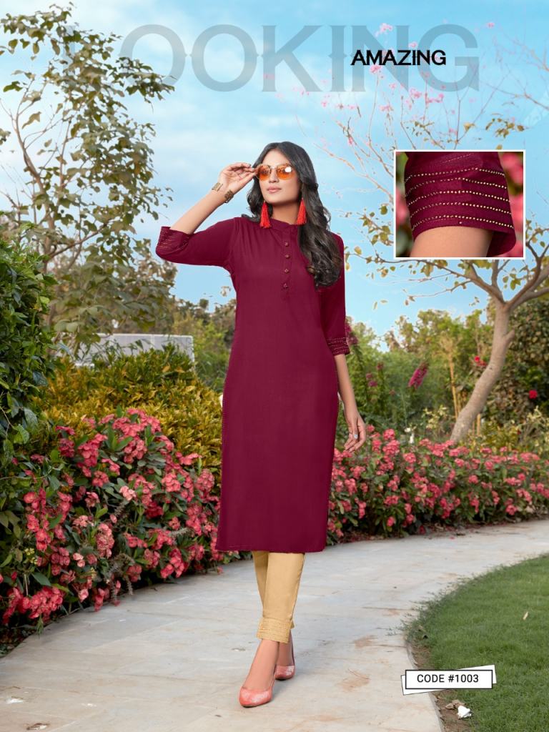 Women Embroidery Kurti Sets This gorgeous dress is crafted in rayon. It  features is a knee length kurtis with round neck embroidery designs. Pair  it up with leggings or jeans. A dress