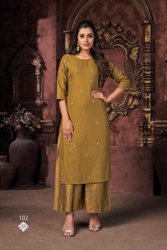 Alena Mustard & Gold-Coloured Printed Kurti and Palazzo Set