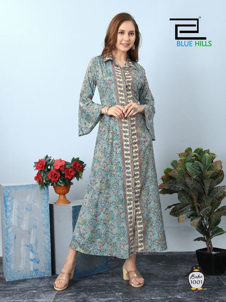 Blue Hills Boho Stylish Designer Crepe Long Kurti Collection