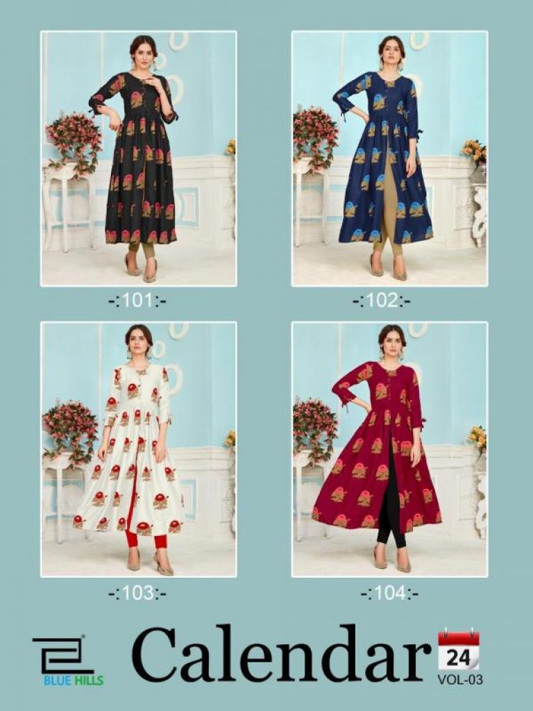 Blue Hills Calendar vol 3 Rayon Designer Center Cut Buy Kurti Designs