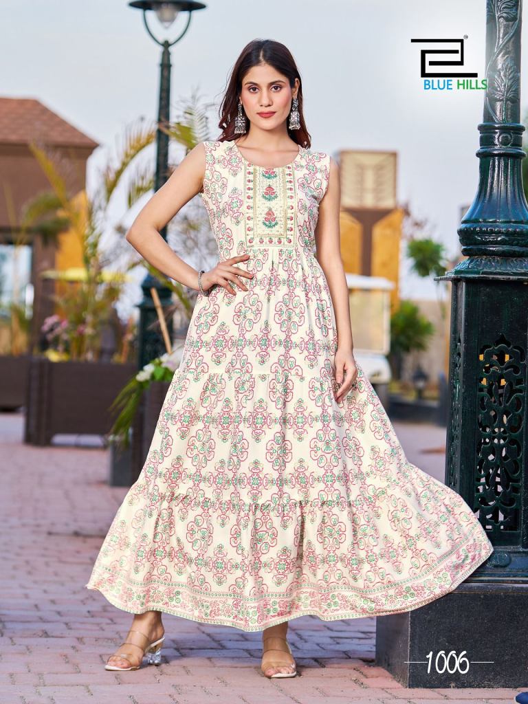 Blue Hills Cocktail Designer Rayon Printed Long Anarkali Kurti Collection