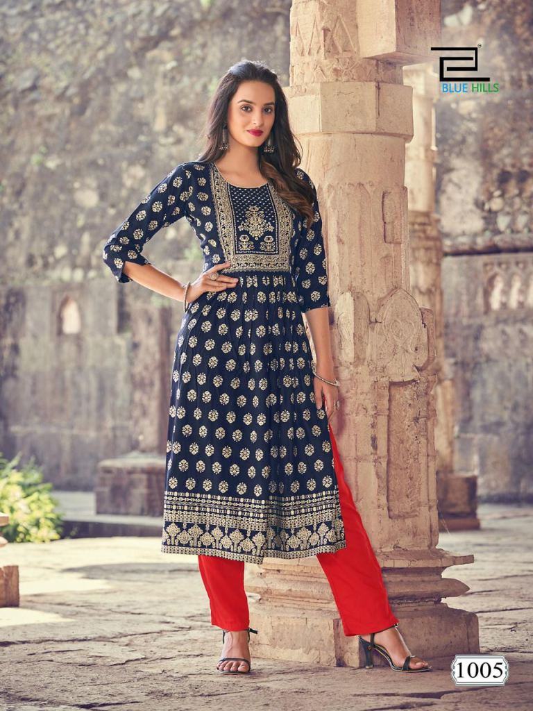  Blue Hills Divine Daily Wear Heavy Rayon Foil Printed Kurti Collection