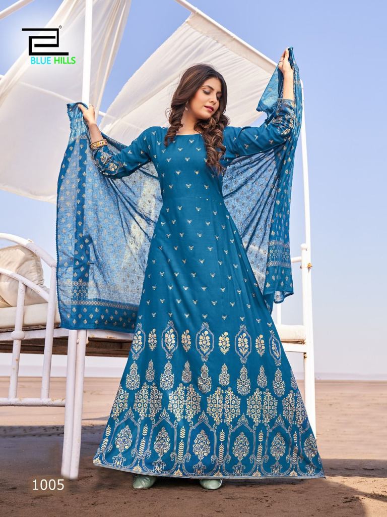 Blue Hills Dupatta Town Fancy  Foil Print  Kurtid With Dupatta Collection