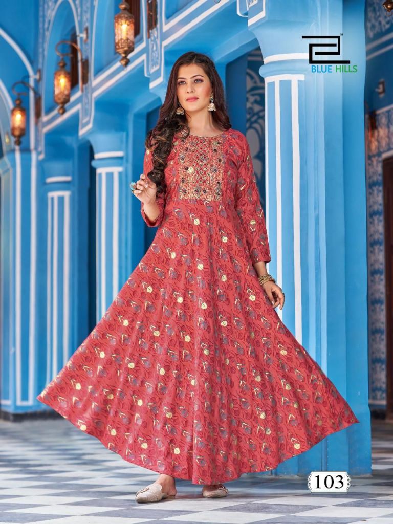 Blue Hills Ada Vol 3 Catalog Festive Wear Cotton Printed Long Anarkali Kurti  With Dupatta