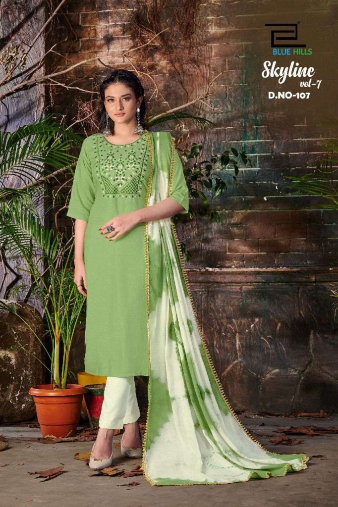 Blue Hills Skyline Vol 7 Rayon Kurtis With Bottom And Dupatta Catalog 