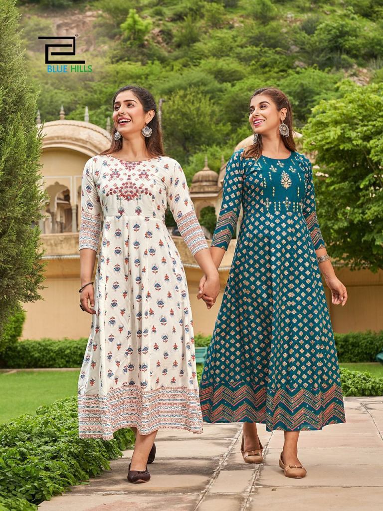 Blue Hills Up To Date  vol 15  Rayon Foil Print Anarkali Long Kurti Collection