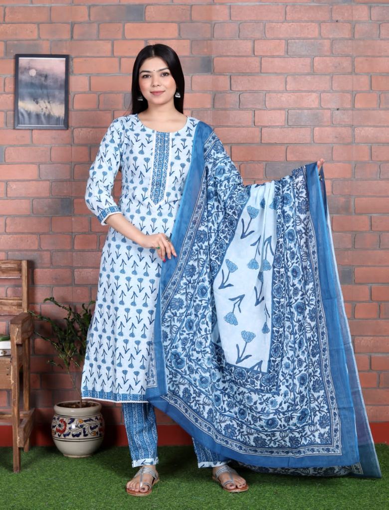 Blue Jaipuri Prints Cotton Kurtis Wholesale