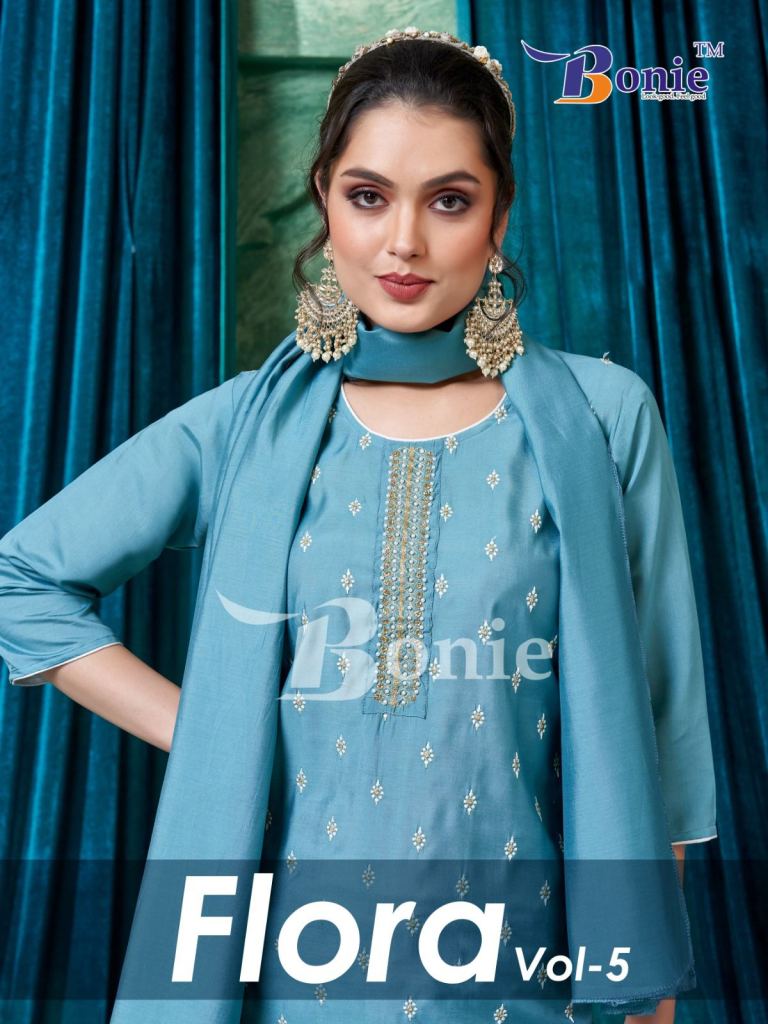 Bonie Flora 5 Party Wear Silk Embroidery Top Bottom With Dupatta Collection