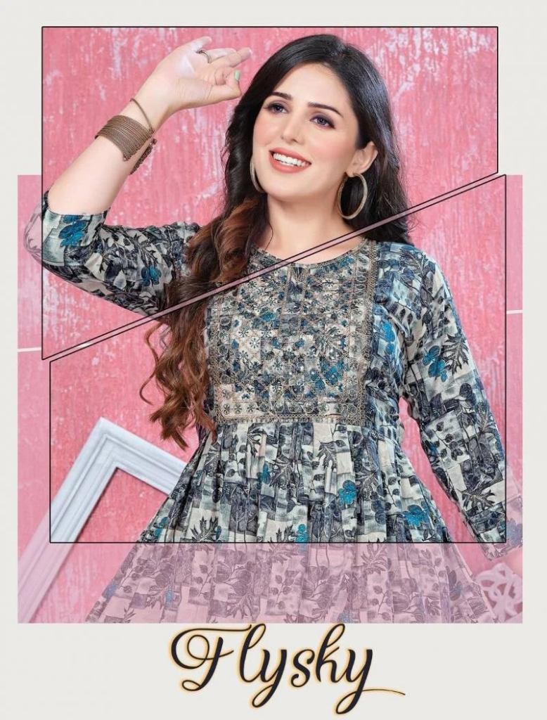 Casual Wear Jlf Flysky Rayon Printed Short Flair Kurti Collection 