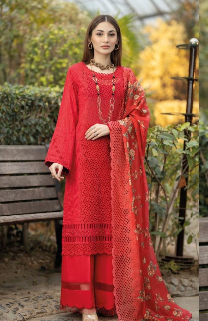 Red chikankari suit set with dupatta - Rangpur - 4265318