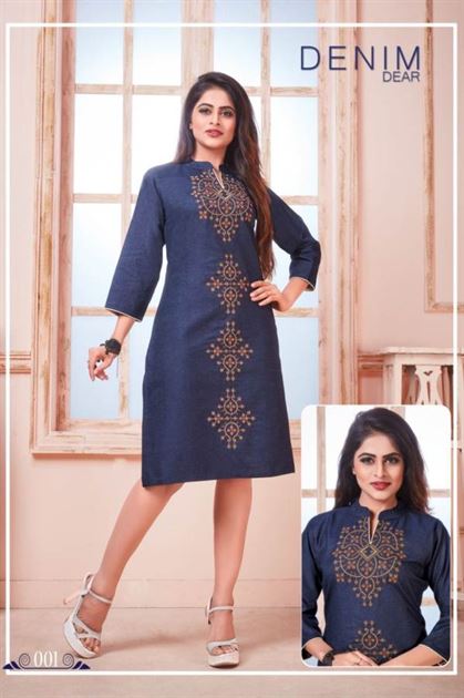 MADAME BY TIPS & TOPS BRAND RAYON DENIM FABRIC FANCY EMBROIDERY WORK LONG KURTI  WHOLESALER AND DEALER